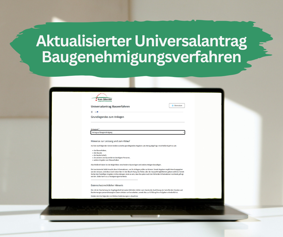 Es ist ein Laptop zu sehen, der die Webseite des Universalantrags für Baugenehmigungsverfahren geöffnet zeigt.
