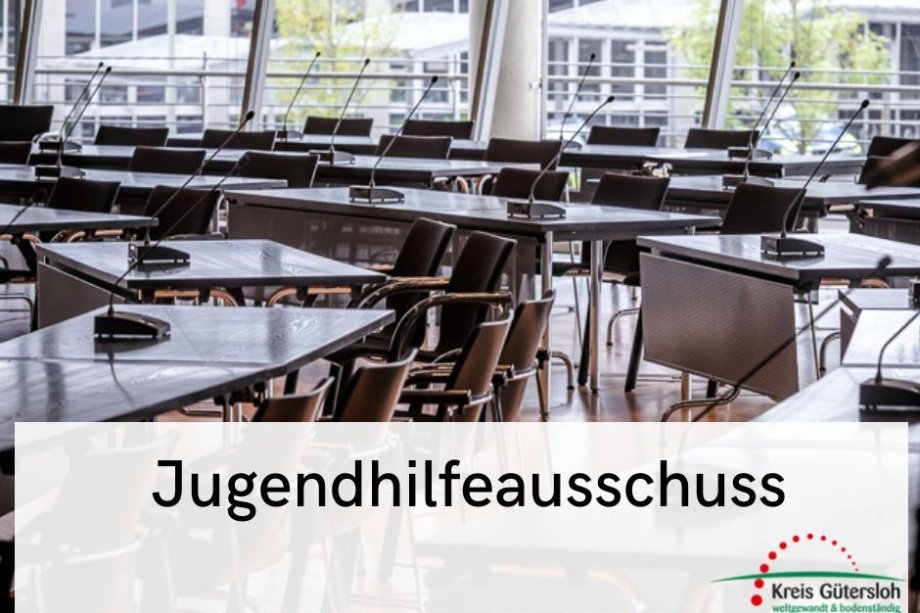 Grafik Jugendhilfeausschuss neu Blick in den großen Sitzungssaaal des Kreishauses Gütersloh mit dem Schriftzug 'Jugendhilfeausschuss'.