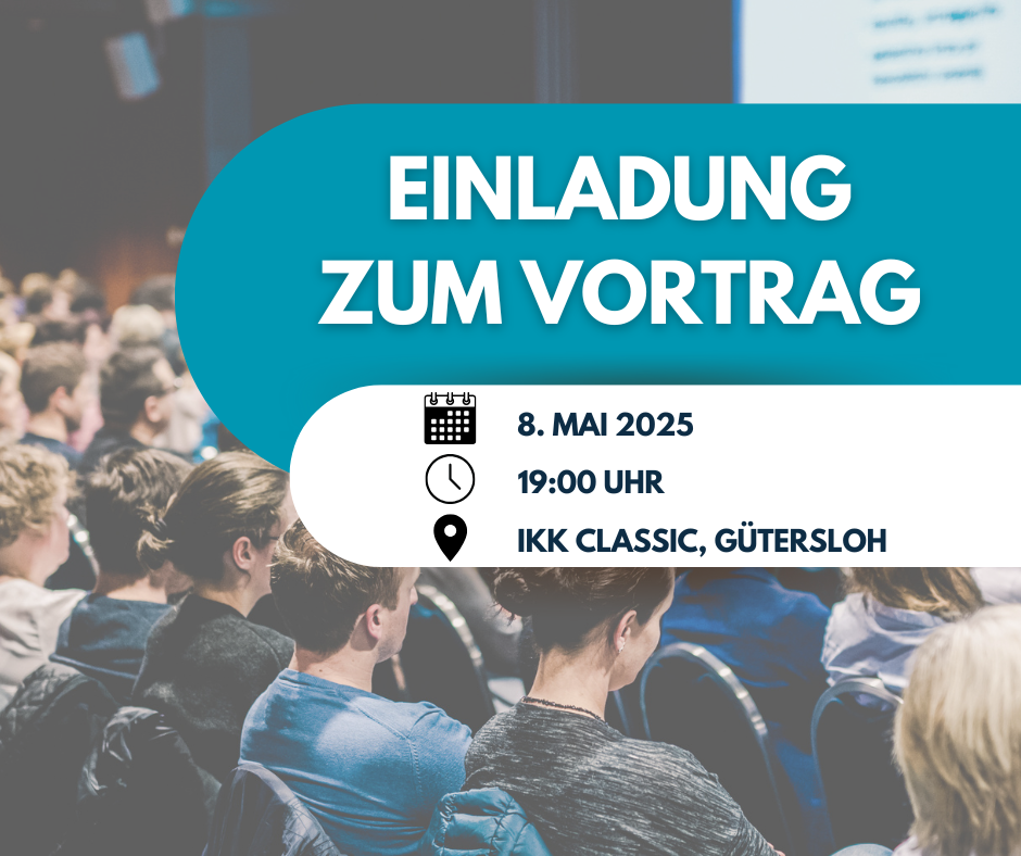 Grafik für eine Einladung zum Vortrag. Im Hintergrund ist ein Saal mit Menschen zu sehen.