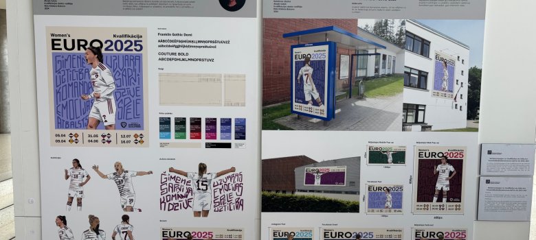 Ausstellung der Design- und Kunstschule Valmiera im Kreishaus Gütersloh Plaktentwürfe für eine Kampagne für die lettische Fußball-Frauennationalmannschaft: Plakate, Wandplakate, Bushaltestellen-Plakate.