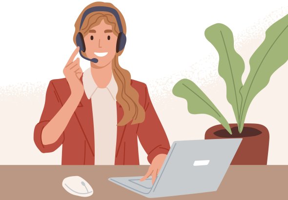 Operator of call center working online with laptop and headset. Manager of customer support service consulting clients through internet. Colored flat vector illustration of digital helpdesk