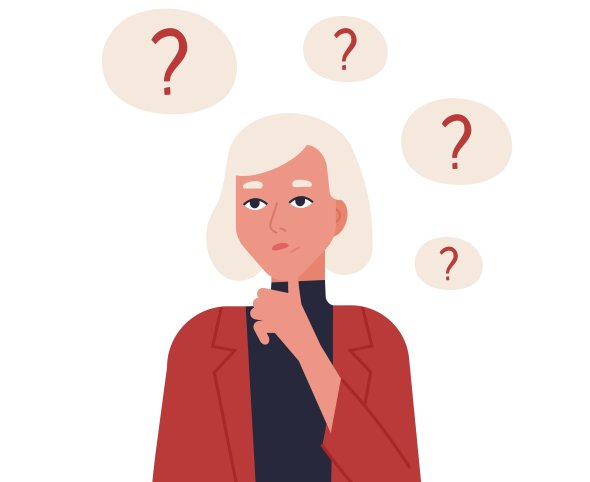 Portrait of cute blonde girl in jacket thinking or reflecting isolated on white background. Young woman surrounded by thought bubbles with question marks. Flat cartoon colorful vector illustration.