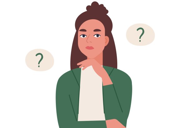 Curious young woman solving problem. Pensive or thinking girl surrounded by thought balloons with interrogation points. Female character asking questions. Flat cartoon colorful vector illustration.