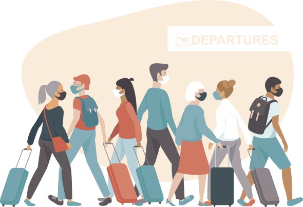 Grafik Reisende mit Koffern am Flughafen