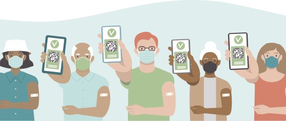 Various Vaccinated people with digital health passports. Young and aged men and women showing an app on their mobile phones. Multiracial group. Green immunity certificate concept
