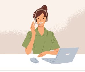 Operator of call center in headset consulting clients online. Worker of hotline service working at desk with laptop. Colored flat vector illustration of agent in customer support department