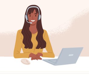 Operator of call center in headset consulting customers online. Worker of helpline service working at desk with laptop. Colored flat vector illustration of agent in technical support department