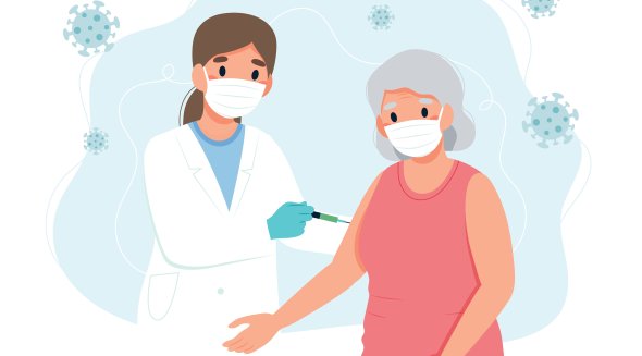 Vaccination for the elderly, senior woman and a doctor with a syringe. Concept illustration in flat cartoon style