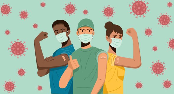 Zeichnung: Mitarbeiter*innen aus dem medizinisch pflegerischen Bereich zeigen ihren Arm nach der Covid-Impfung