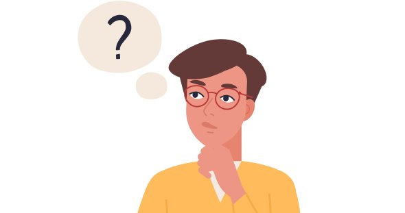 Portrait of young thoughtful man isolated on white background. Pensive or thinking boy in glasses surrounded by thought bubbles with interrogation points. Flat cartoon colorful vector illustration.