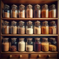 Ein ordentliches Vorratsregal mit Einmachgläsern voller getrockneter Hülsenfrüchte, Mehl und Reis – perfekt organisiert und langlebig.