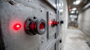 Aesthetic shot of a bunker's heavy steel blast door, glowing red emergency lights, Civil Defense Readiness, complex mechanical handle details, concrete textures, feeling of securit