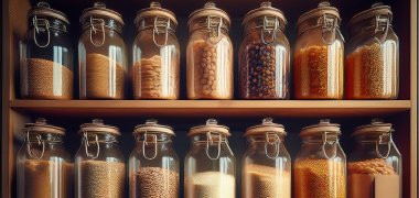 Ein ordentliches Vorratsregal mit Einmachgläsern voller getrockneter Hülsenfrüchte, Mehl und Reis – perfekt organisiert und langlebig.