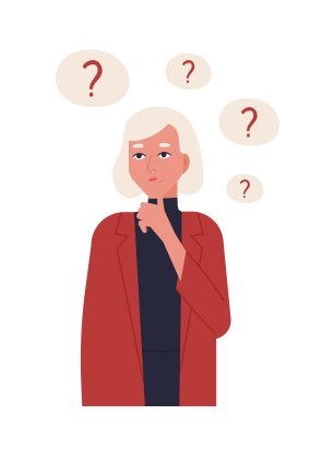 Portrait of cute blonde girl in jacket thinking or reflecting isolated on white background. Young woman surrounded by thought bubbles with question marks. Flat cartoon colorful vector illustration. Portrait of cute blonde girl in jacket thinking or reflecting isolated on white background. Young woman surrounded by thought bubbles with question marks. Flat cartoon colorful vector illustration.