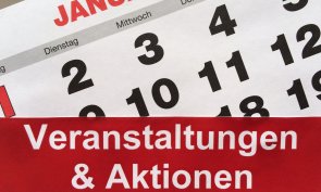 Ein Kalenderblatt und auf diesem mit rot unterlegt die Worte "Veranstaltungen und Aktionen"