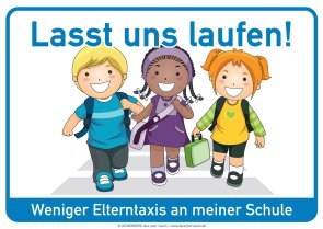 Logo der Initiative "Lasst uns laufen": Drei Kinder mit Schulranzen, sich an der Hand haltend, laufen nach vorne. Oben über ihnen die Worte "Lasst uns laufen"