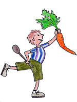 Zeichnung eines Jungens mit Möhre und Kochlöffel