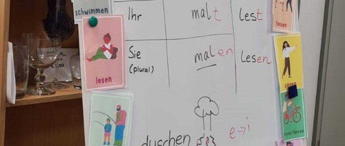 Bildunterschrift: Lerntafel vor Regal mit Verkaufsobjekten: Die Sprachwerkstatt in Schloß Holte-Stukenbrock findet in den Räumlichkeiten des Secondhand-Geschäftes des Pro Arbeit e. V. im ehemaligen Buschkrug statt. Copyright: Sara Huggett/Pro Arbeit e. V.