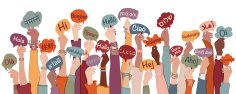 Many arms and hands holding speech bubble. Agreement or affair b Many arms and hands holding speech bubble. Agreement or affair b