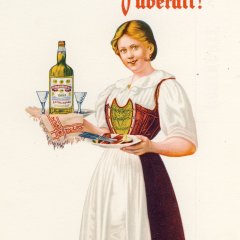 Werbeanzeige mit einer blonden Kellnerin.