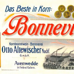 Werbeanzeige mit einer Schnapsflasche und einer Zeichnung des Fabrikgeländes