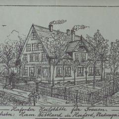 Heilanstalt Radewig Schwarz-weiß-Zeichnung des Hauptgebäudes.