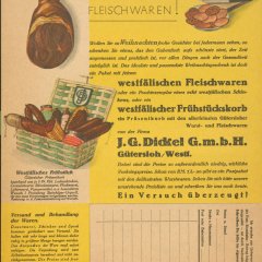 Werbetext mit Bestellkarte, illustriert mit Zeichnungen von Würsten und Wurstplatten.