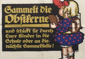Plakat 1915 Farbiges Bild eines Schulkindes, das den Aufruftext liest.