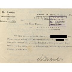 Urlaubsantrag der Heilanstalt Eickelborn an den Landrat von Wiedenbrück, 1929